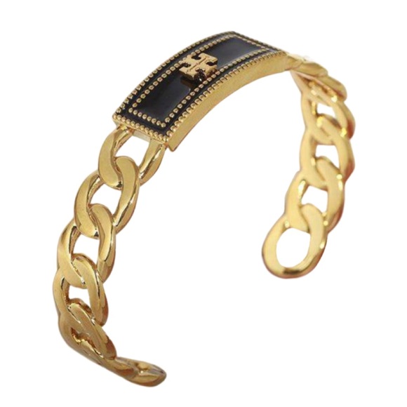TORY BURCH • Black Milgrain Logo Cuff Bracelet - Picture 2 of 7
